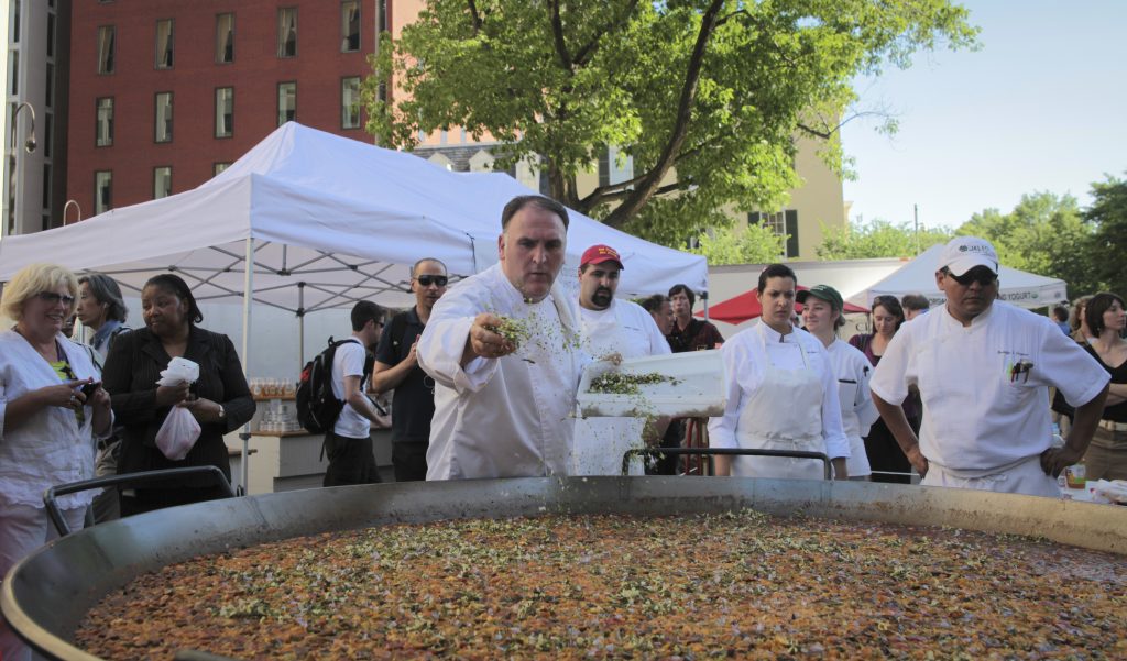 Chef José Andrés prepares a giant paella at the opening of FRESHFARM By the White House, 2010. 