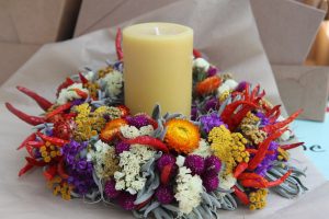 Handmade wreaths made from local flowers and dried herbs 