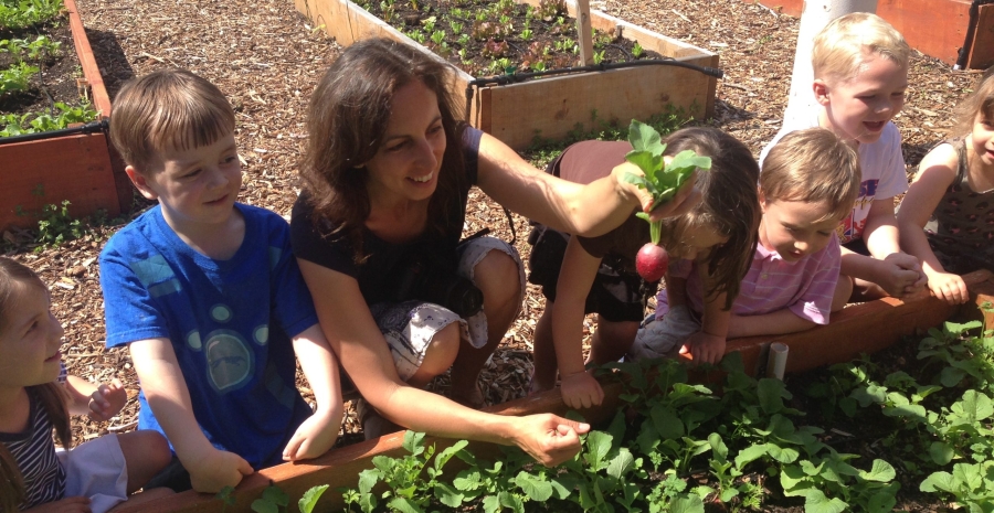 Jenn Mampara in a school garden in the early days of FoodPrints